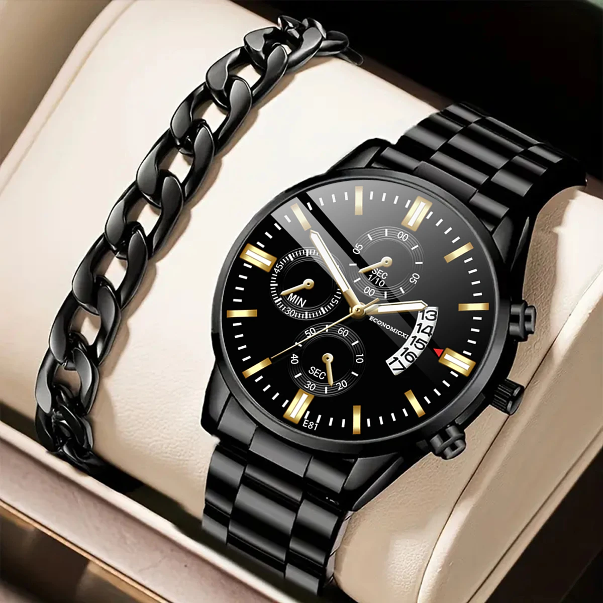 2Pcs Men's Fashion Business Casual Three Eyes Calendar Luminous Digital Steel Band Quartz Watch Alloy Bracelet Set