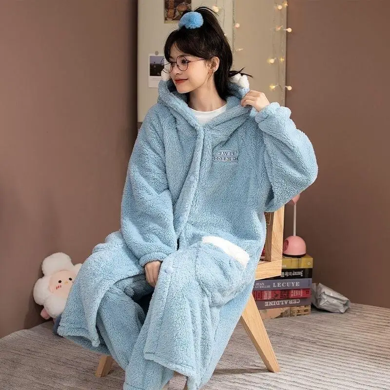 Conjunto de pijama feminino bonito com capuz aconchegante coral veludo outono inverno manter quente flanela robe grosso confortável pijamas roupas para casa