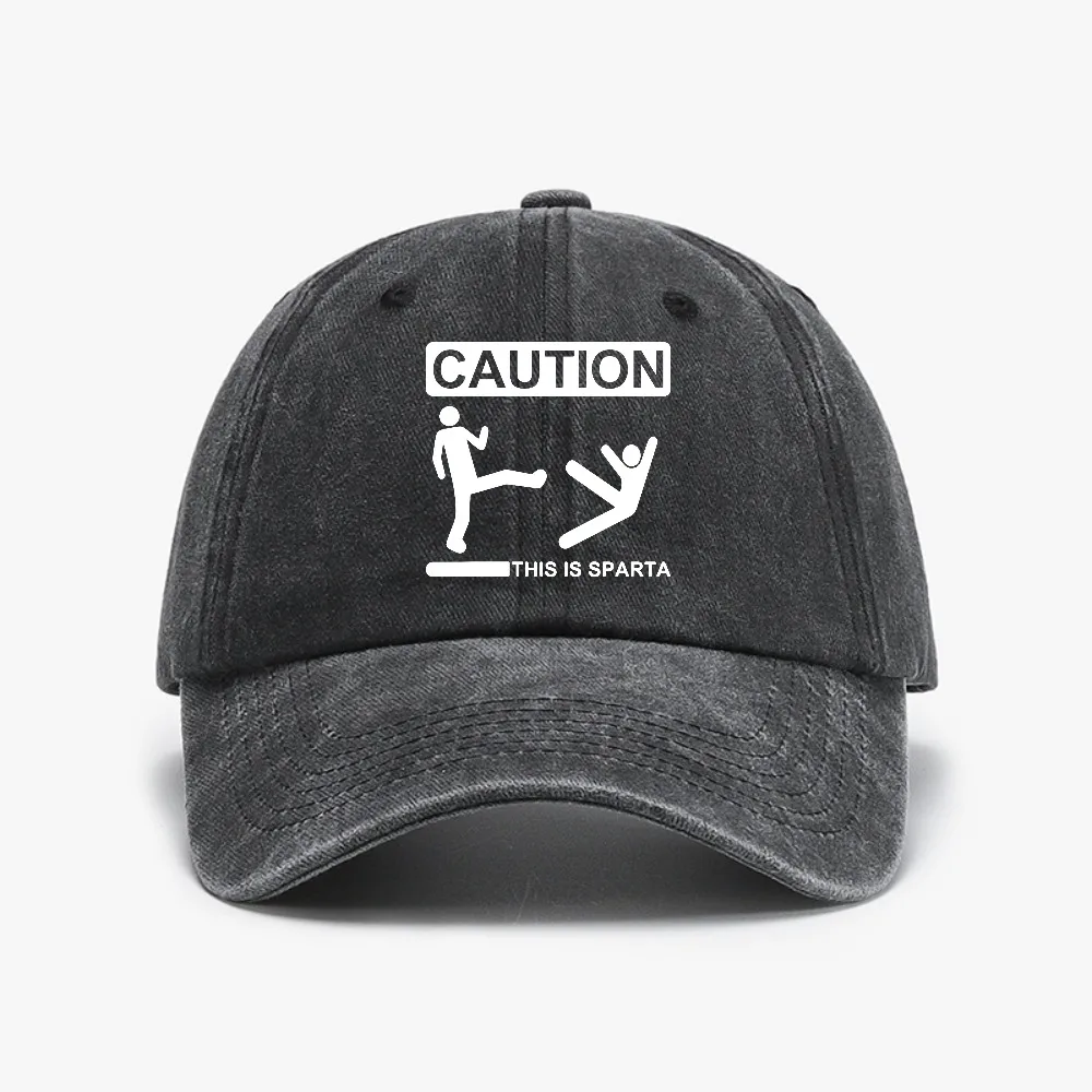 

caution this is sparta funny hat Adjustable Solid Color Baseball Cap cool Washed denim caps Solid Color Distressed Hats