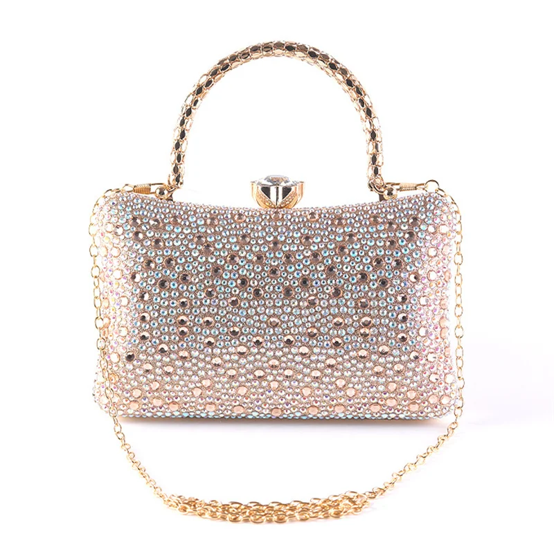 AB Color Full Rhinestone Clutch Purse Crystal Wrapped Top Handle Hard Box Evening Bag Women's Wedding Cocktail Formal Handbag
