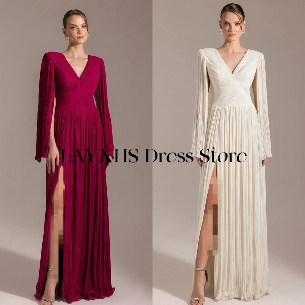 Eleganckie sukienki wieczorowe LAYXHS z dekoltem w serek, linia A, peleryna, rozcięcie boczne, plisy, długość do podłogi, sukienki na studniówkę, szyte na miarę فساتين سهره