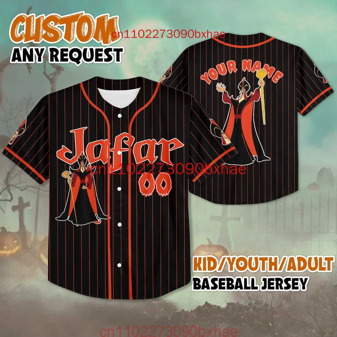 

New Vintage Disney Jafar Aladdin Jersey 3D Print Custom Disney Halloween Baseball Jersey Children's And Adult Sports T-shirts