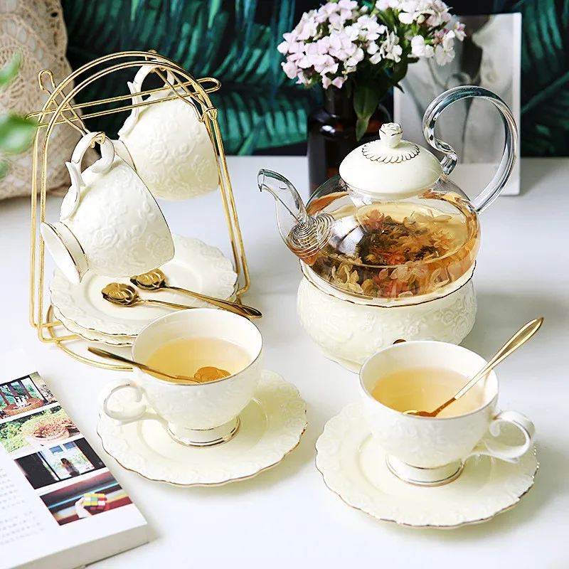 

Vintage Ceramic Tea Cup Set With Teapot Gold Porcelain Luxury 13pcs Rim White Customized Logo Europe 6 Set