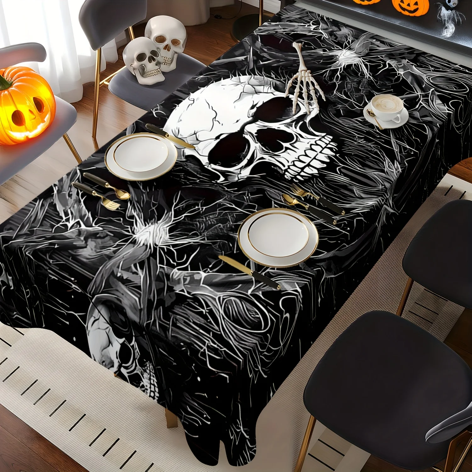 Skull pattern tablecloth - Durable polyester fabric, rectangular woven; suitable for kitchen, dining room, etc.