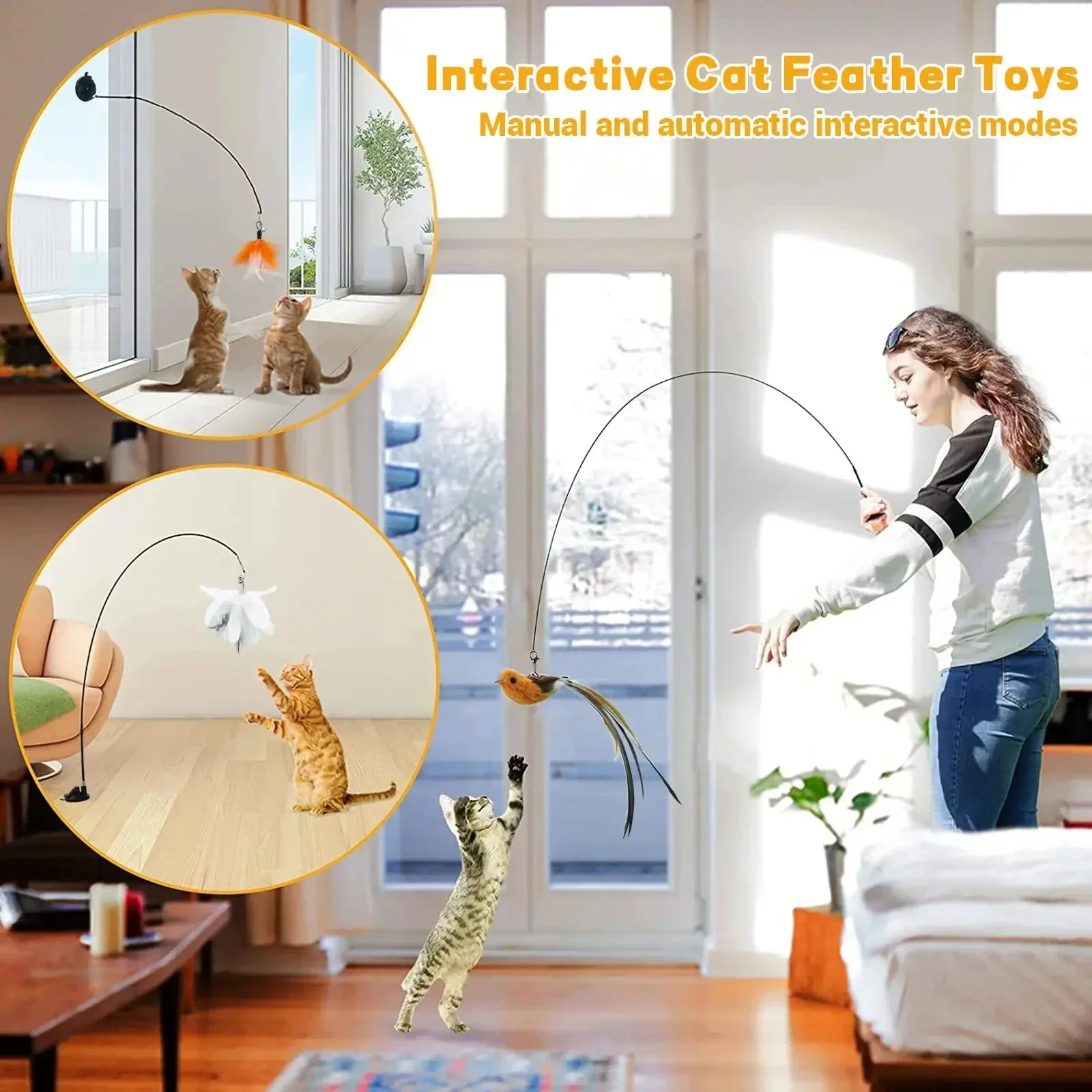 Cat Toy Cat Teaser Stick with Bell Extended Rod Suction Cup Self High and Durable Bite Teaser Tool Replaceable Feather Head
