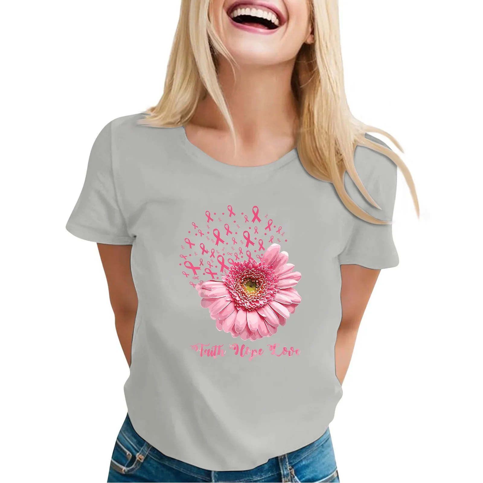 Frauen neue Tops Mode lässig Kurzarm Brustkrebs Day Print Rundhals-Pullover Tops täglich grundlegende regelmäßige bequeme Tops