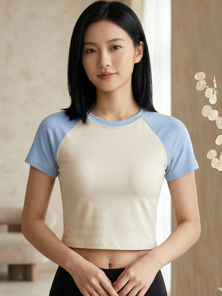 AOSSVIAO 2026 Sommer Baumwoll-T-Shirts mit Rundhalsausschnitt, Trendige Slim-Fit Farbblock Kurzarm Damen-T-Shirts, Sexy Vielseitige Crop Tops – Detail 4