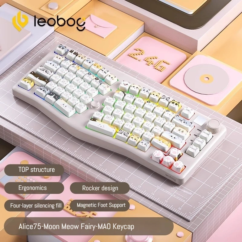 Leobog  A75 Tri-Mode Wireless Bluetooth Mechanical Keyboard Hot Plug Customized Cute Ergonomics Laptop Side Light Strip Gift