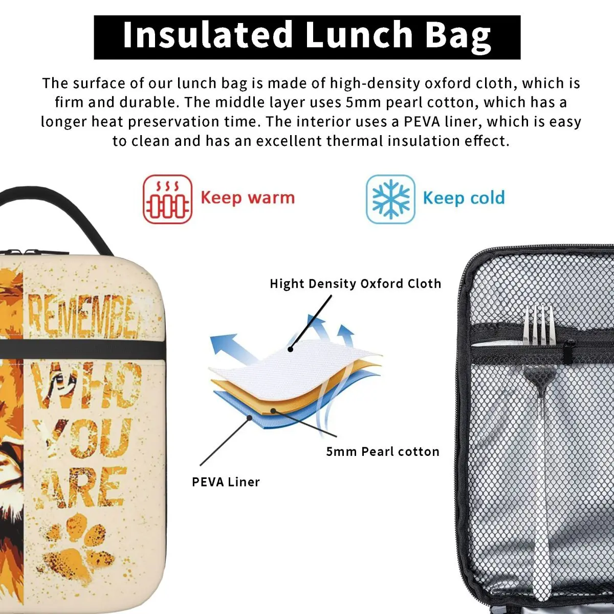 Remember WHO YOU ARE Lion Insulated Lunch Bag for Women Kids Leakproof Food Boxes Thermal Lunch Box Tote