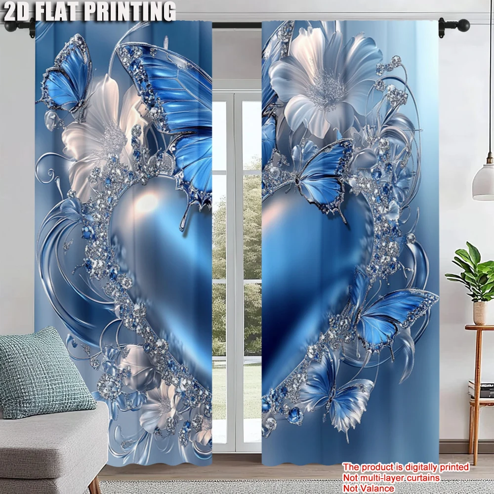 

2Pcs Blue Heart Butterfly Window Curtain Rod Pocket Curtain Perfect For Bedroom Office Kitchen Living Room Study Home Decor_ai12