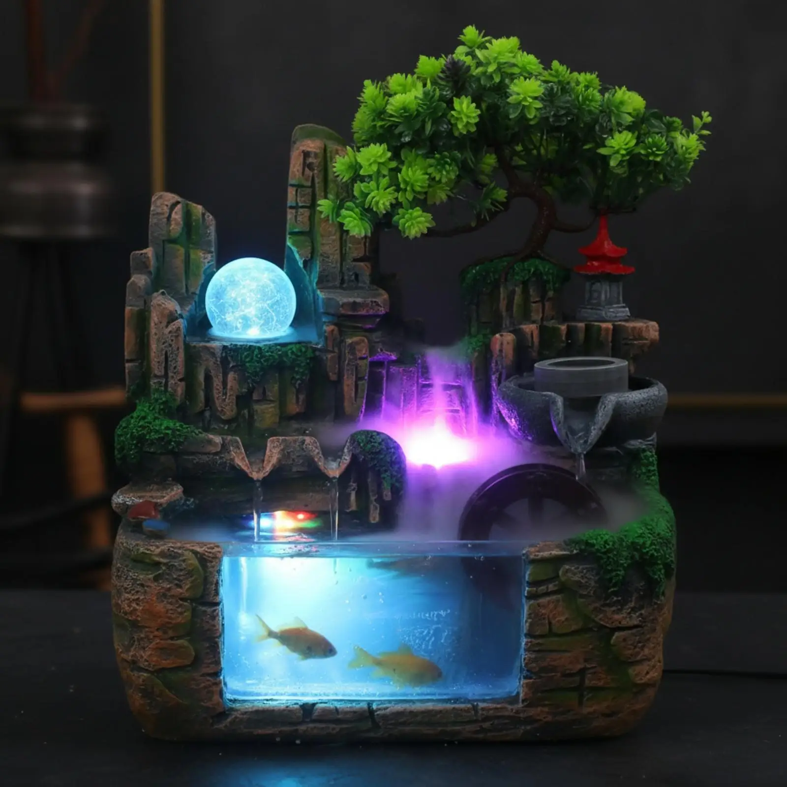 Tabletop Fountain with Aquatic Pets Compartment Stone-Look Tabletop Water Fountain with Mist Indoor Stress-Relief