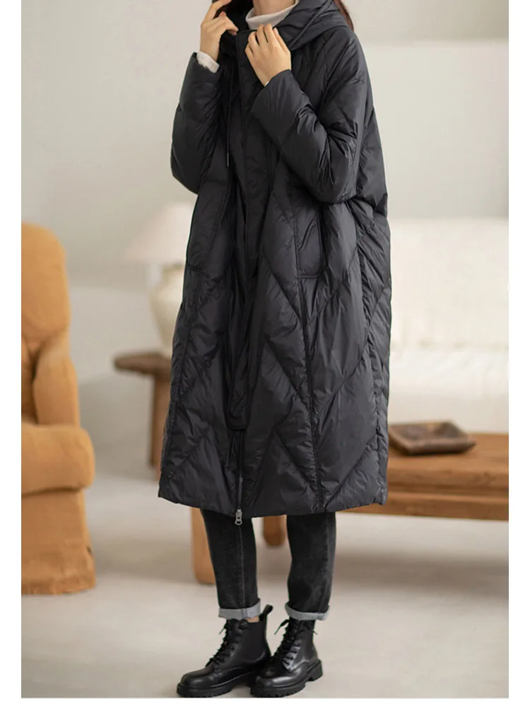 Schinteon Women 90% White Duck Down Long Jacket with Hood Casual Loose Over Size Winter Warm Outwear High Quality 2026 New