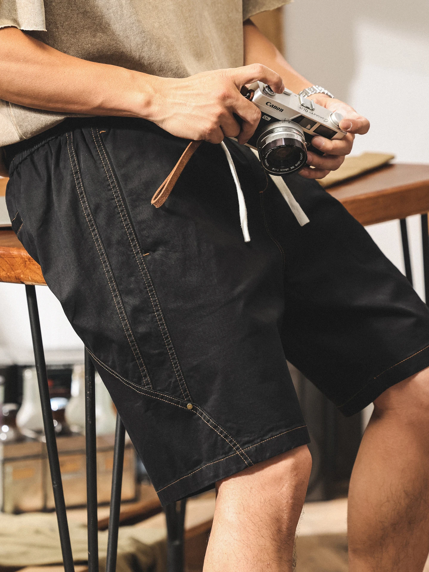 

American Retro Workwear orts Men's Summer New Faion Match Straight Loose Casual Five-Point Pants Elastic Waist Cotton Blend