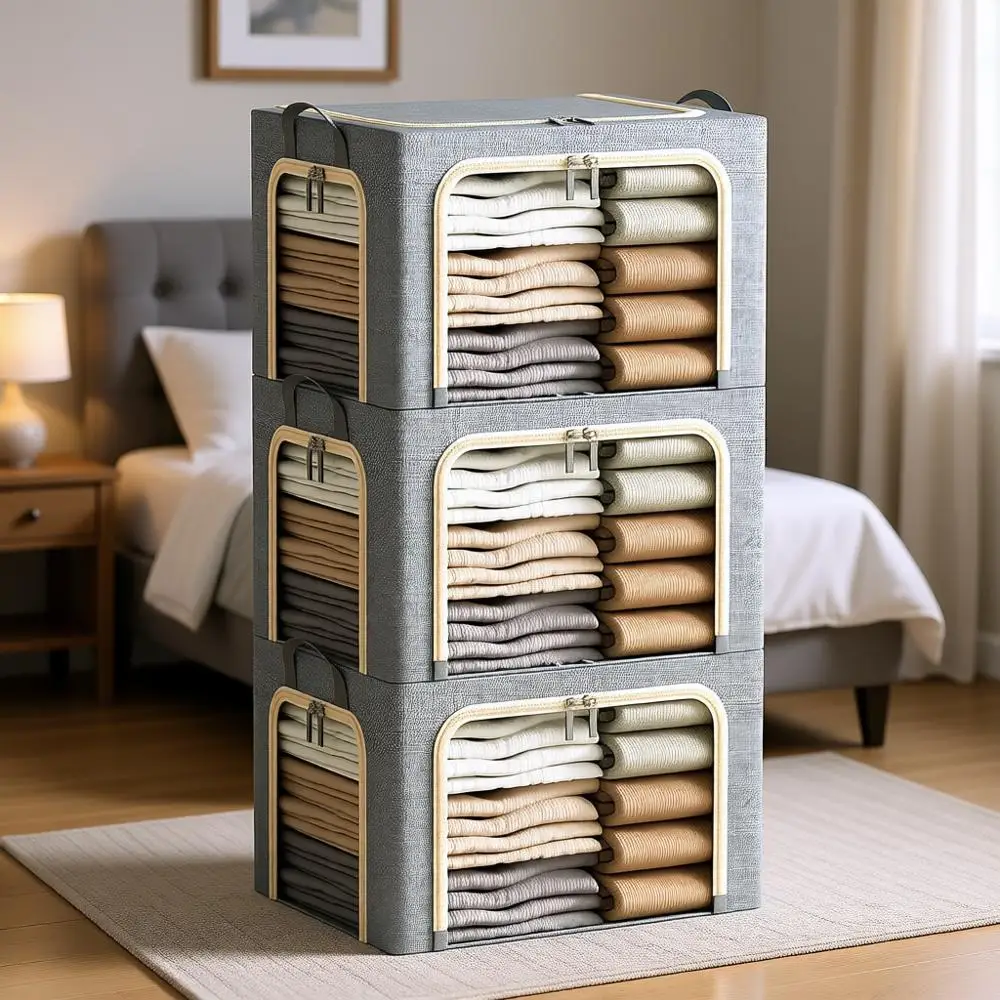 

Складные контейнеры для хранения одежды из 3-х частей с прозрачной крышкой, застежкой-молнией и ручками (светло-серый, 40 л)