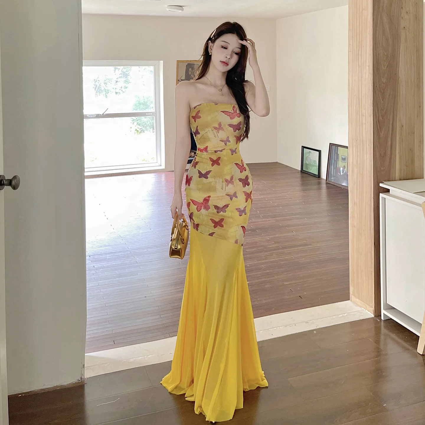 Vestidos sin tirantes con estampado de mariposa para Mujer, riñonera empalmada, Vestido sin tirantes a la cadera, batas amarillas, Vestido de Fiesta para Mujer