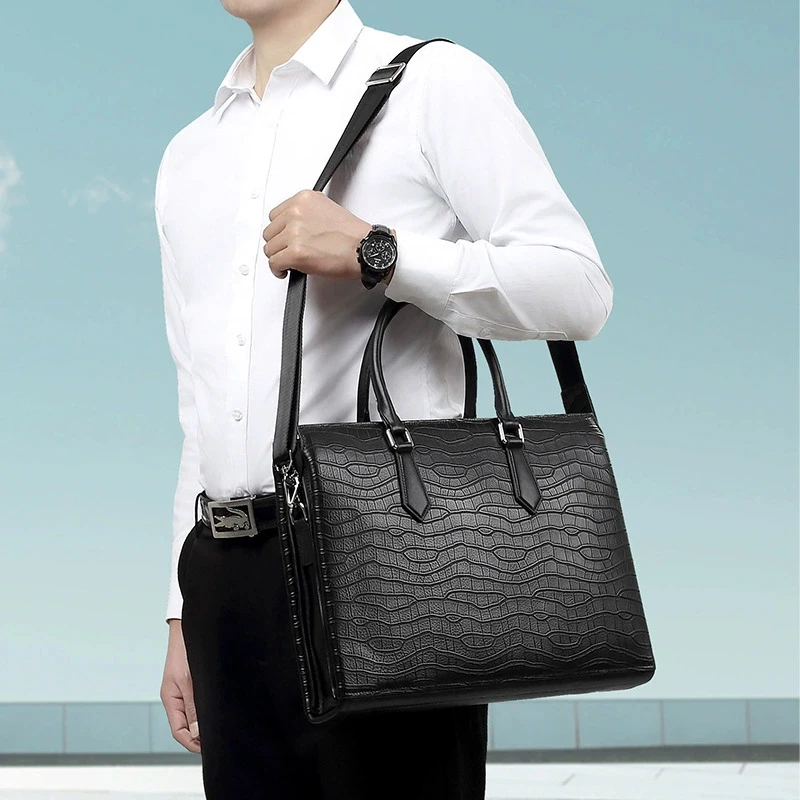 Luxury Briefcase Top Layer Cowhide Genuine Leather Men's Vintage Messenger Business Shoulder Handbag Portfolio Laptop Office Bag