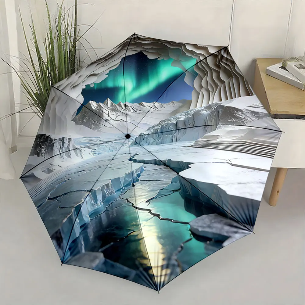1PC Artistic Umbrella with Glacier and Aurora Design Print 8 Iron Ribs Folding Umbrella Auto-Open Fashion Sunshade