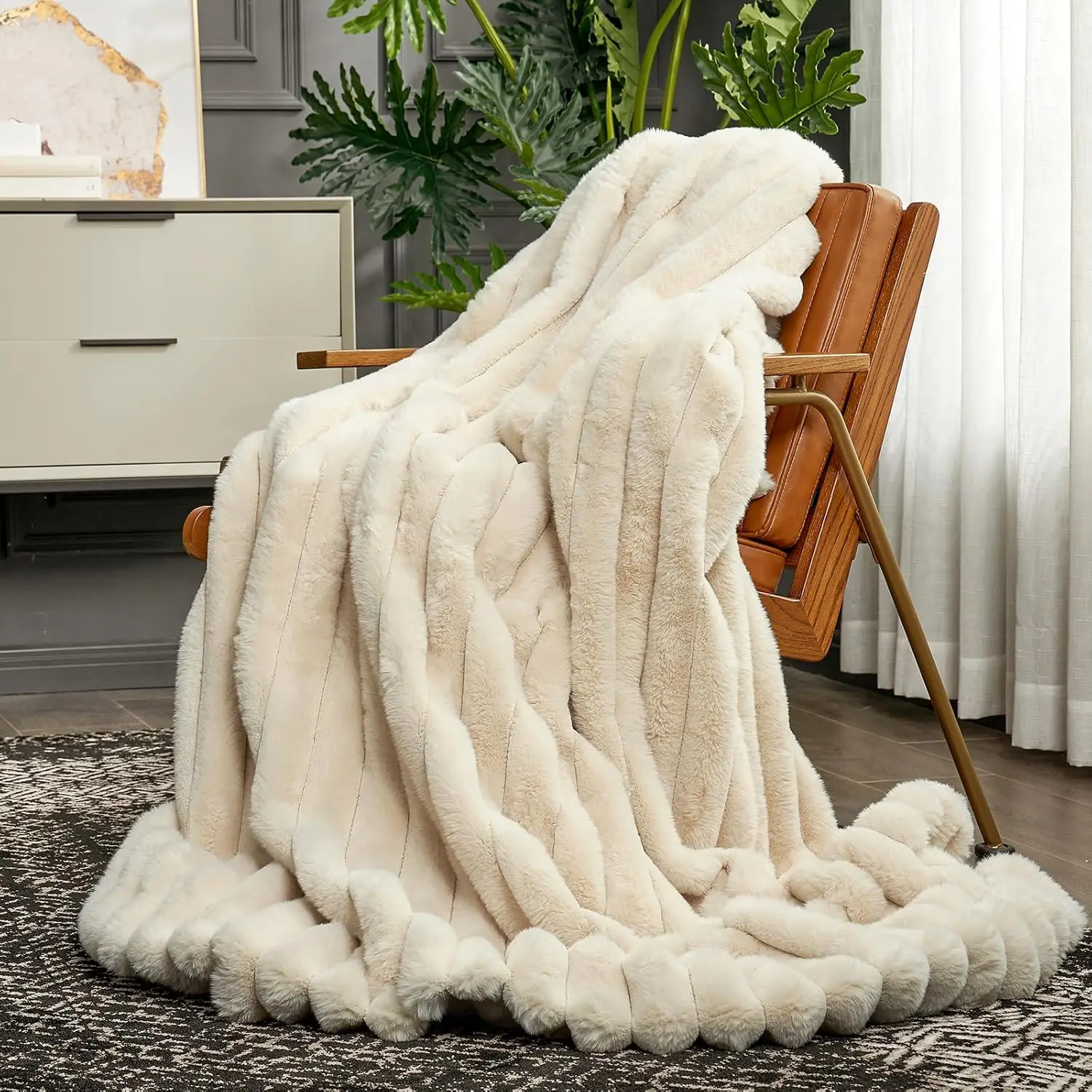 Cozy Bliss Faux Fur Throw Blanket for Couch, Cozy Warm Plush Striped Blanket for Sofa Bedroom Living Room,50 * 60 Inches