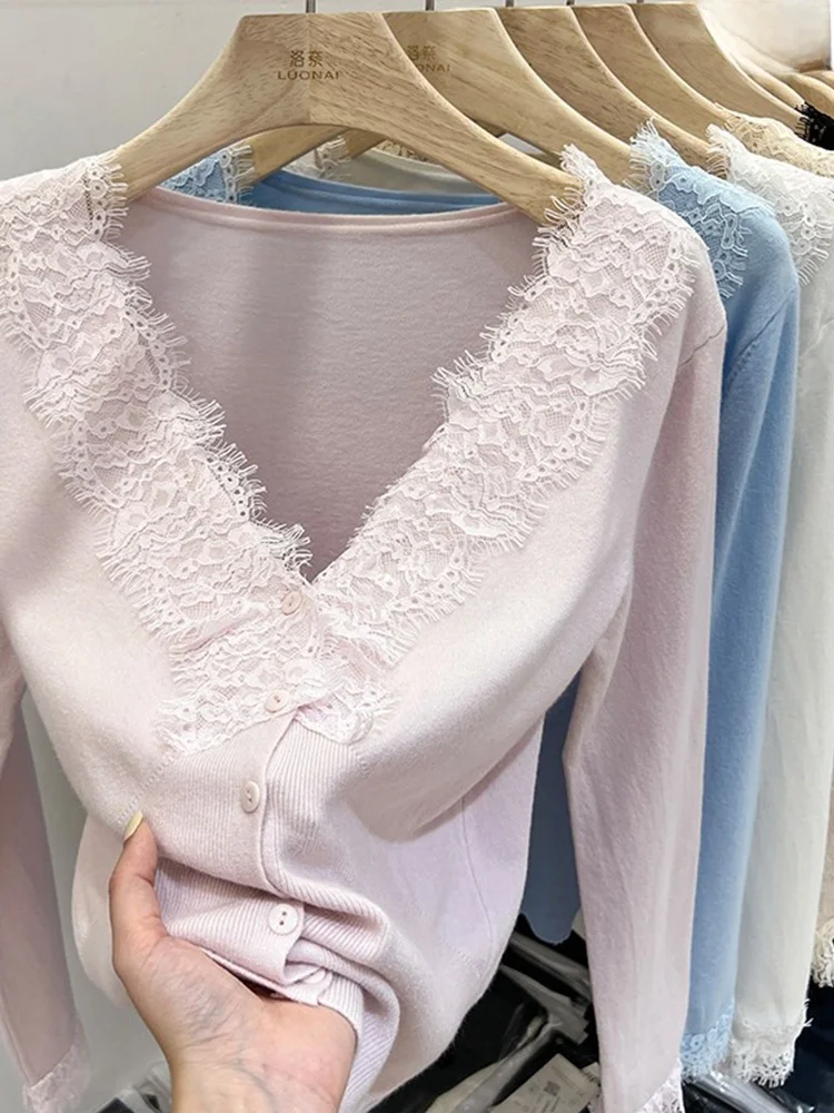 Lace V-Ne Knitted Sweater Women's Open Cardigan ort Top Base irt Winter Design Sense Unique And Special Korean Sle