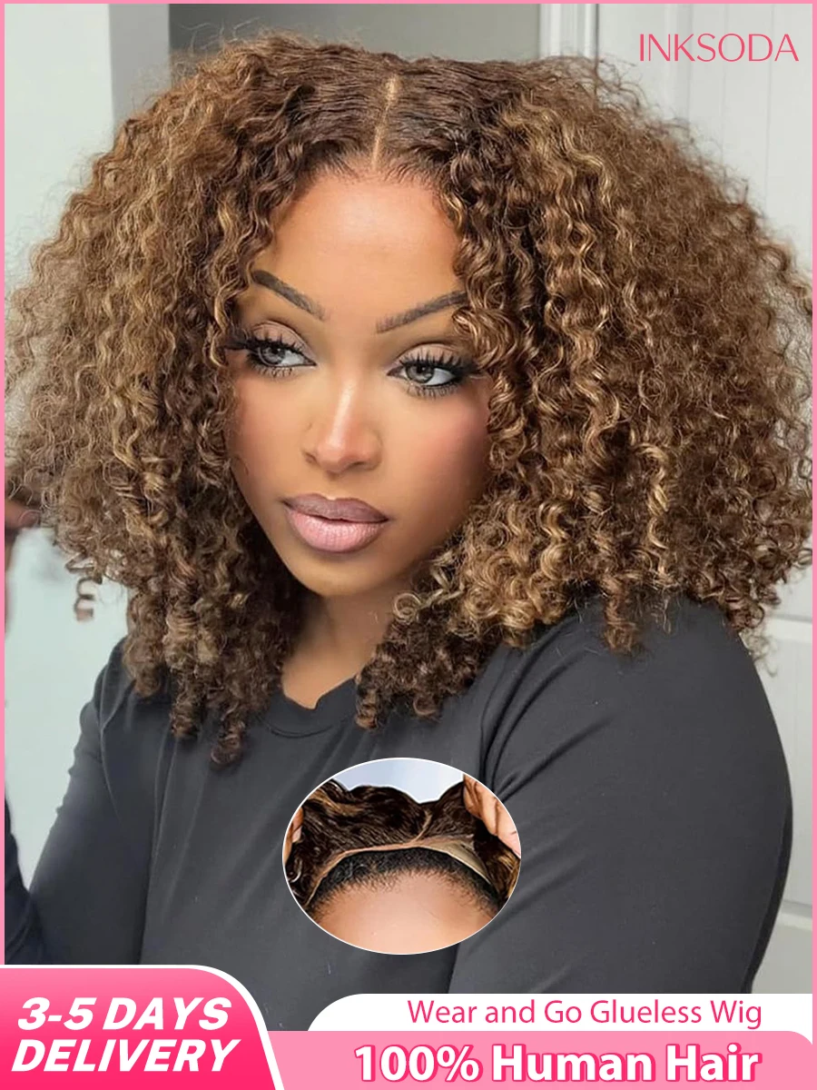 

Глубокая волна Медовый блондин Бесклеевые парики Боб Человеческие волосы Предварительно выщипанные Предварительно вырезанные блики Wear and Go Ombre Вьющийся парик 5x5 HD Closure Wig