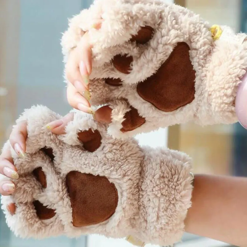 Lovely Plush Cat Claw Paw Gloves Plush Mittens Warm Soft Plush Short Fingerless Fluffy Bear Gloves Costume Half Finger Gloves