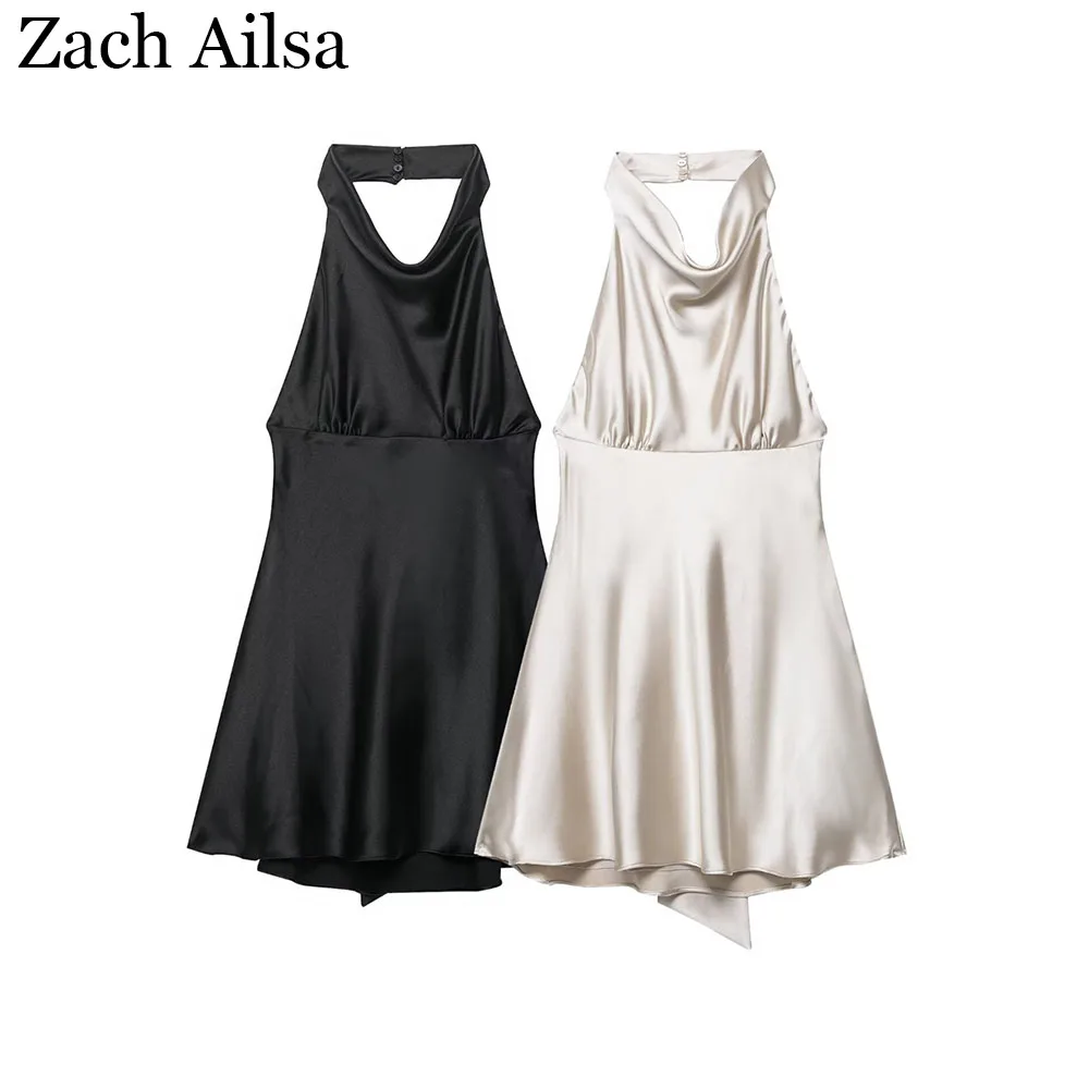 Summer New Women's Fashion Western Silk Texture Satin Hanging Neck Dress