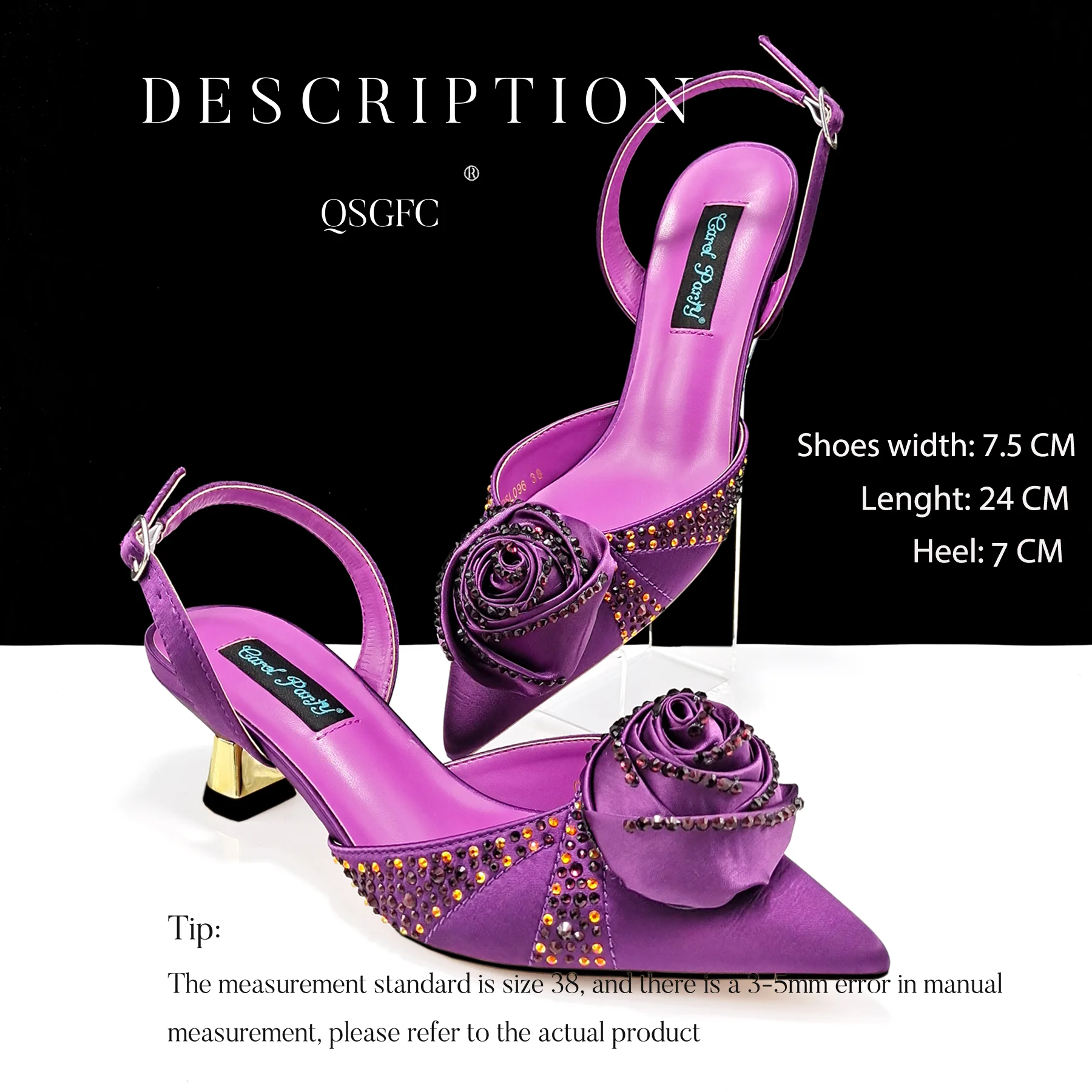 Elegant Purple Color Handmade Flowers Decoration Design Party High Heel Pointed Toe Lady Shoes and Bag Set and a pair of shoes