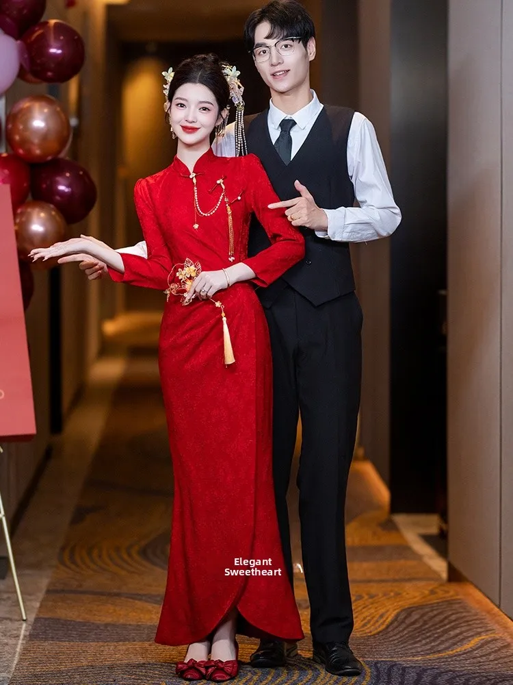 

Ele Long Sve Red Wedding Dr Chinese Sle Qipao Evening Gown for Engagement Dinner Return Home Ceremony Slimming Tail