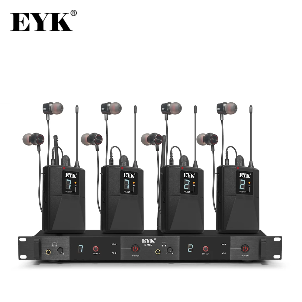 EYK IEM82 Dual Channels In Ear Monitor Wireless System 4 Bodypacks UHF 16 Frequencies Selecable for Stage Performance Band DJ