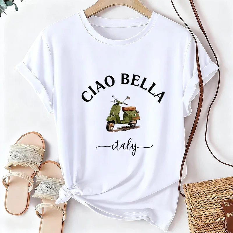 Camiseta de cuello redondo para mujer, de la marca Ciao Bella, de manga corta, con estampado de letras, ideal para primavera y verano, camisetas informales, camiseta italiana con estampado de limones, ropa.