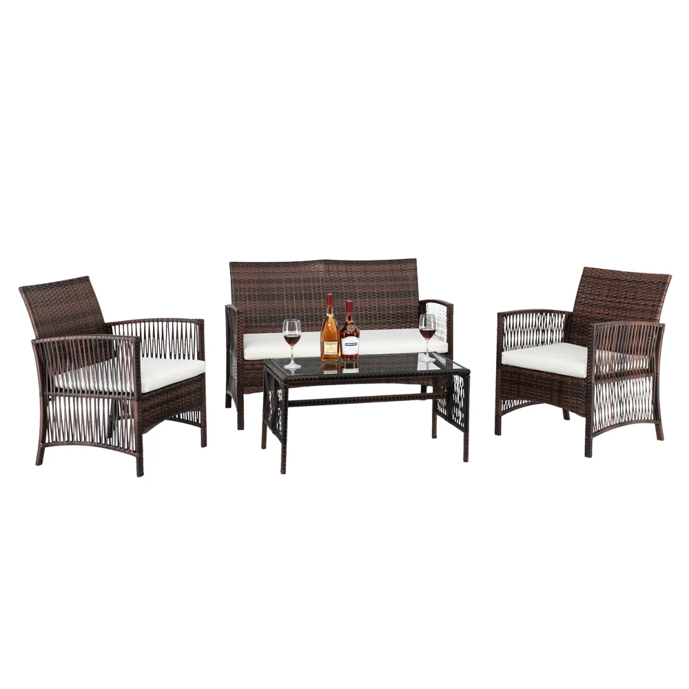 

4pcs Patio Furniture Set Include 1 Double Seat 2 Single Seat 1 Coffee Table Armrest Hollow Knit Combination Sofa Brown Gradient