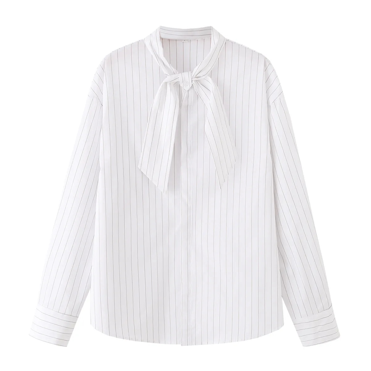 

Women's Fashionable Commuting Versatile White Striped Tie-Collar Shirt