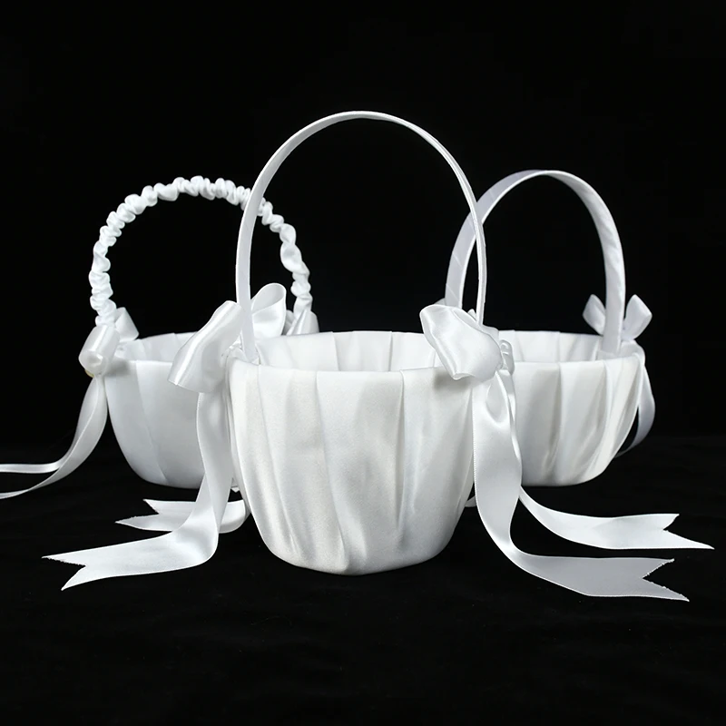 

White Flower Basket Wedding Flower Basket With Satin Bowknot Wedding Ceremony Party Home Decor Basket Wedding Flower Girl Basket
