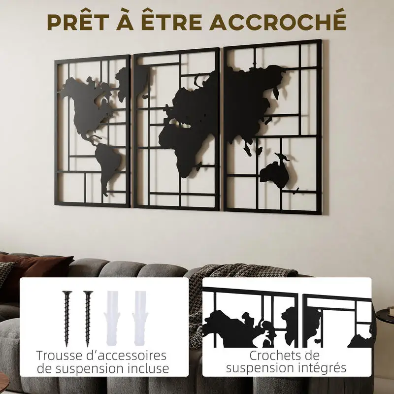 Lot de 3 décorations murales en métal moderne, sculptures murales en métal géométriques abstraites, 50 x 80 cm, noir