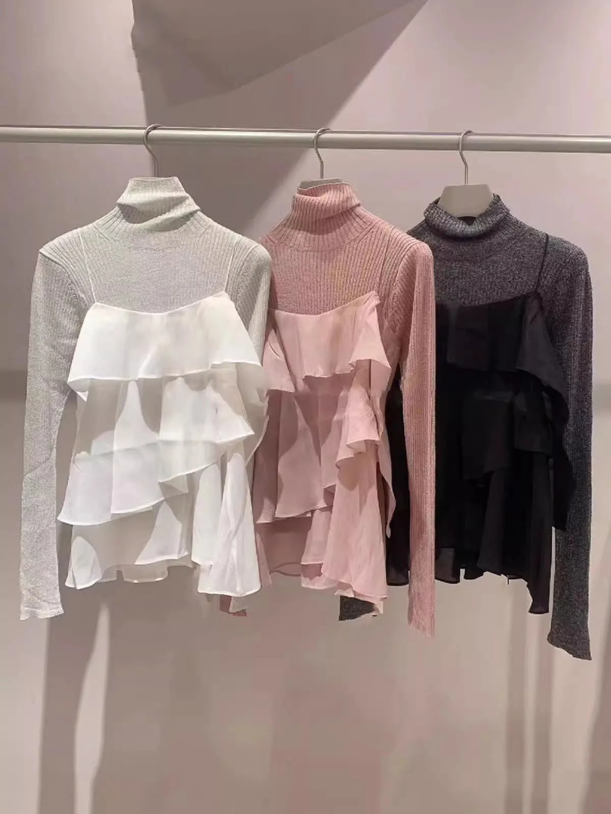 

Sweet Style High Collar Knitted Sweater Set New Autumn Pure Color with Lace Design Two Piece Women's Fashion Ensemble