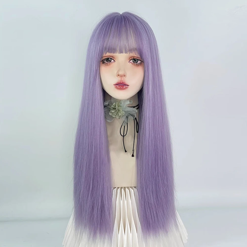 VICWIG Synthetic Long Straight Purple Lolita Cosplay Wig with Bangs Fluffy Women Hair Heat Resistant Wig for Daily Party