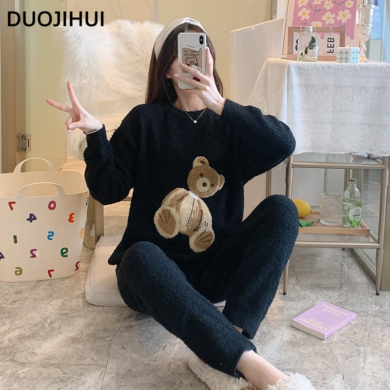 DUOJIHUI New Fashion Printing Pure Color Female Pajamas Set Winter Simple Warm Soft Basic 2-colors Casual Home Pajamas for Women