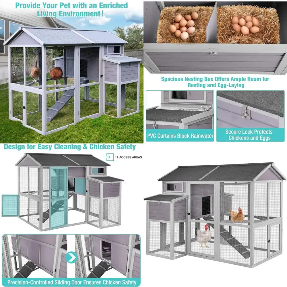 

Spacious 75.7 Wooden Chicken Coop with Run for 8-10 Birds, Including Nesting Box and Pull-out Tray