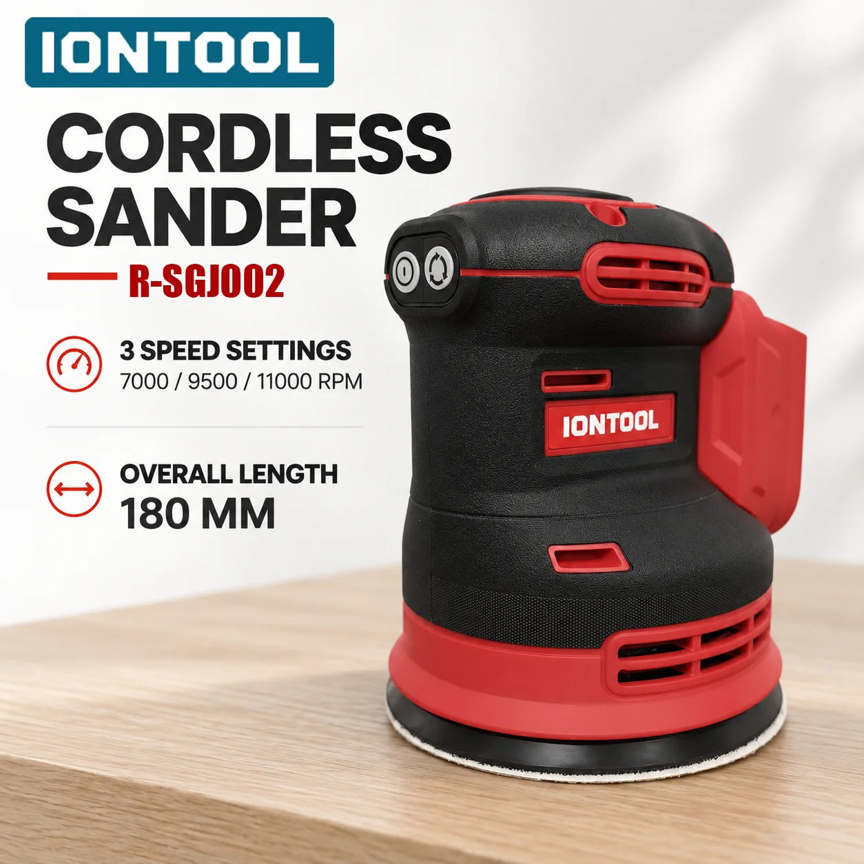 iontool-180mm-高速コードレスサンダー。木製のドアや窓枠の精密な研磨に最適な、バランスの取れた設計。家庭用ツール。