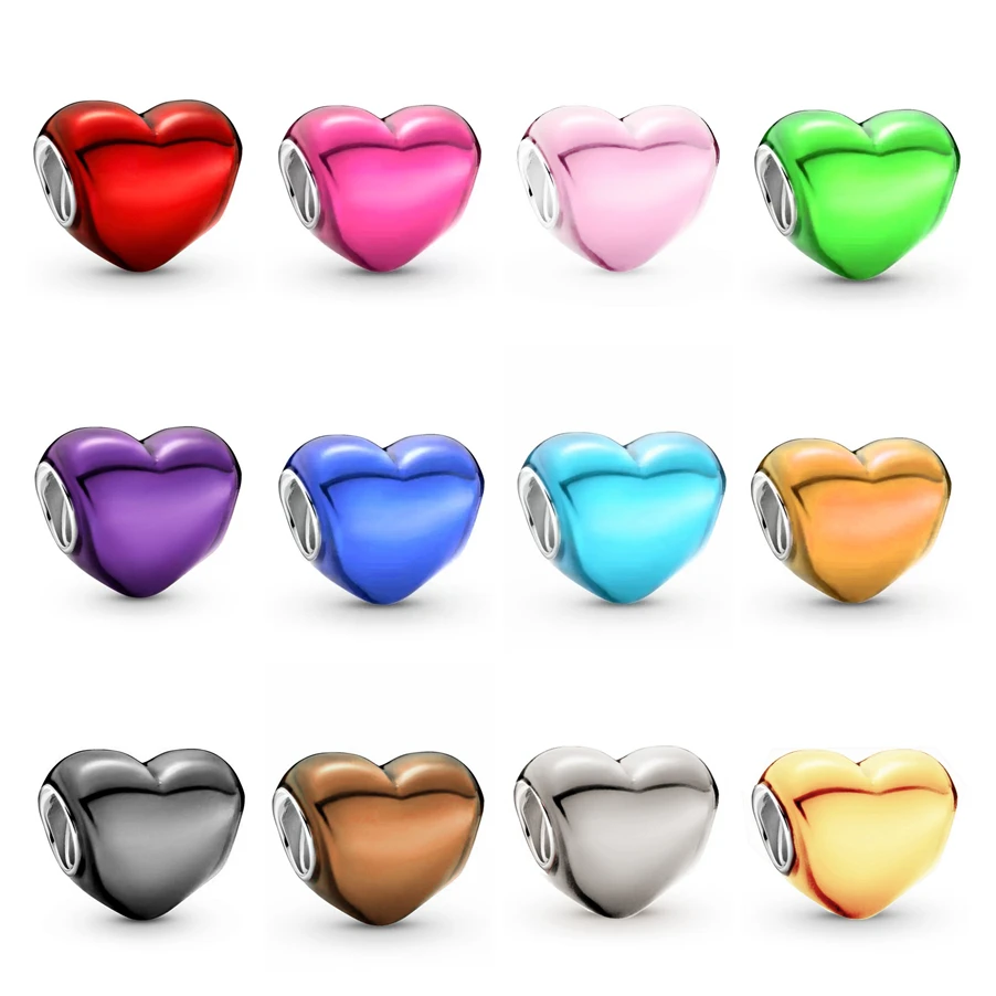 New Metallic Blue Red Purple Pink Heart Charm Bead Fit Original European 925 Sterling Silver Bracelet Women Jewelry For Making