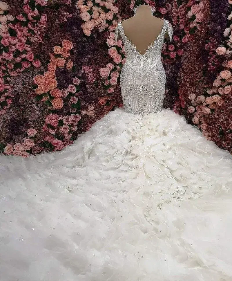 Gaun Pengantin Model Putri Duyung Afrika dengan Rok Tutu Berhias Rhinestone dan Renda