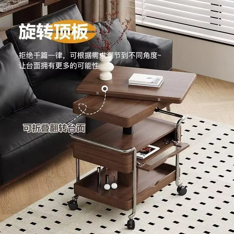 Solid Wood Multi-functional Coffee Table Small Apartment Foldable Side Table with Wheels Household Living Room Storage Trolley