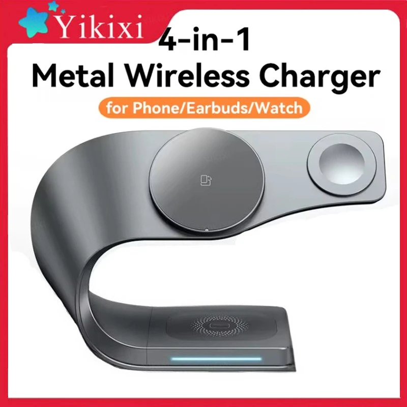

Беспроводное зарядное устройство с металлическим корпусом 4-в-1, магнитная станция быстрой зарядки 15 Вт с LED-подсветкой для iPhone 12-16, 17 и других мобильных телефонов
