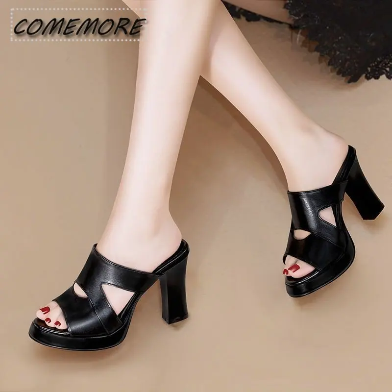 New 2023 High Heels Slippers Women Platform Shoes Summer Block Heel Leather PU Slides Ladies Office Casual Fashion Plus Size 43