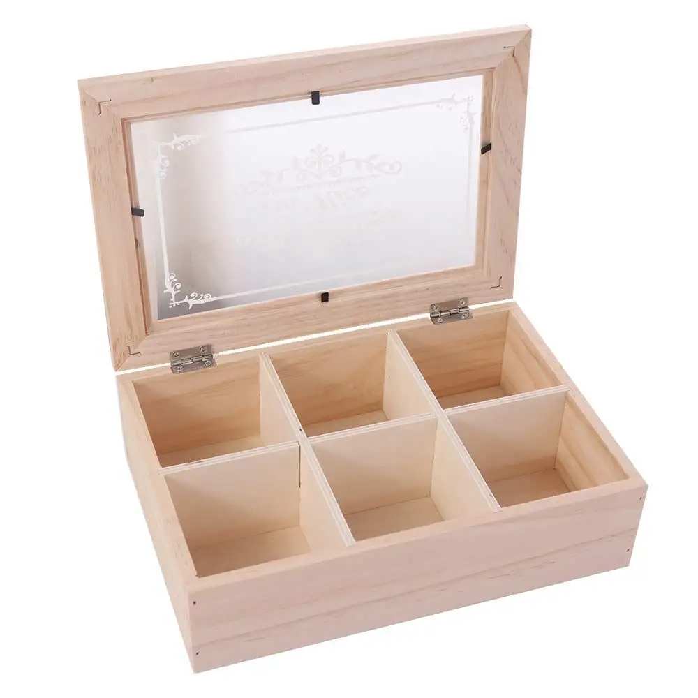

6 Grids Wooden Tea Box with Clear Lid Space Saving Tea Bag Holder Multifunctional Dust-proof Jewelry Display Case Aromatherapy