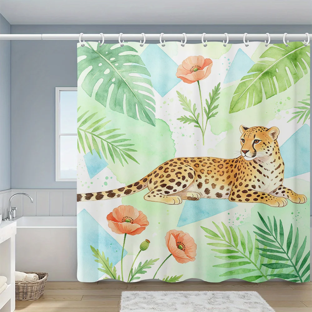 Boho Tropical Shower Curtain Leopard Print Jungle Floral Bathroom Decor Polyester Curtains Wall Hangings Waterproof Natural Styl