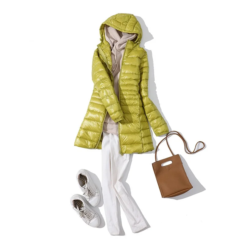 Leichte Daunenjacke für Damen, mittellang, mit Kapuze, 2022, Herbst und Winter, neue Slim-Fit-Kapuze, warme Jacke, leicht