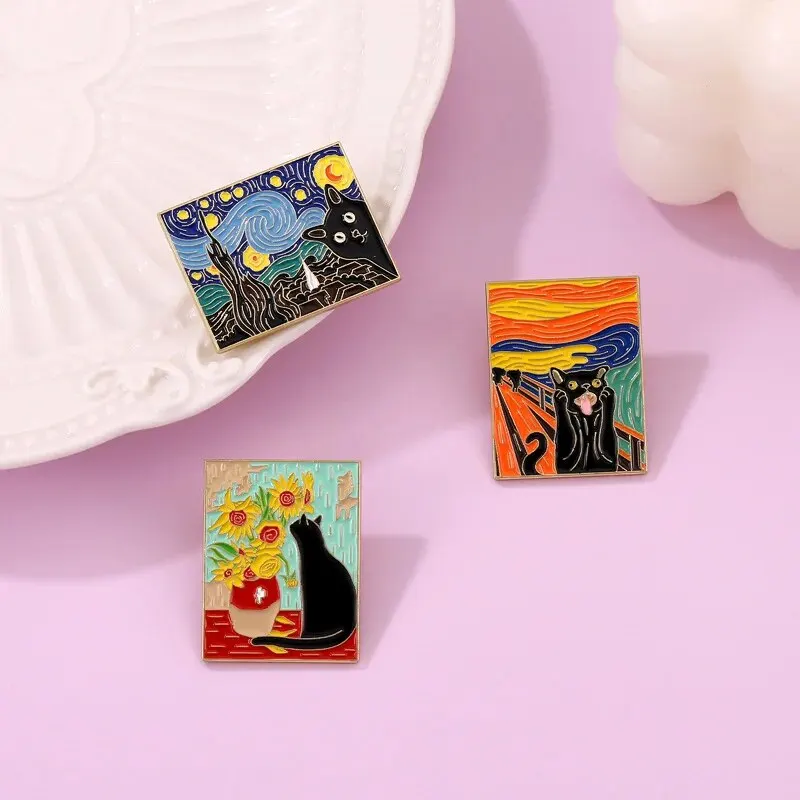 3pcs Cats In Oil Painting Enamel Pin Custom Funny Black Kitten Sunflower Brooch Lapel Badge Animal Jewelry Gift For Kids Friends