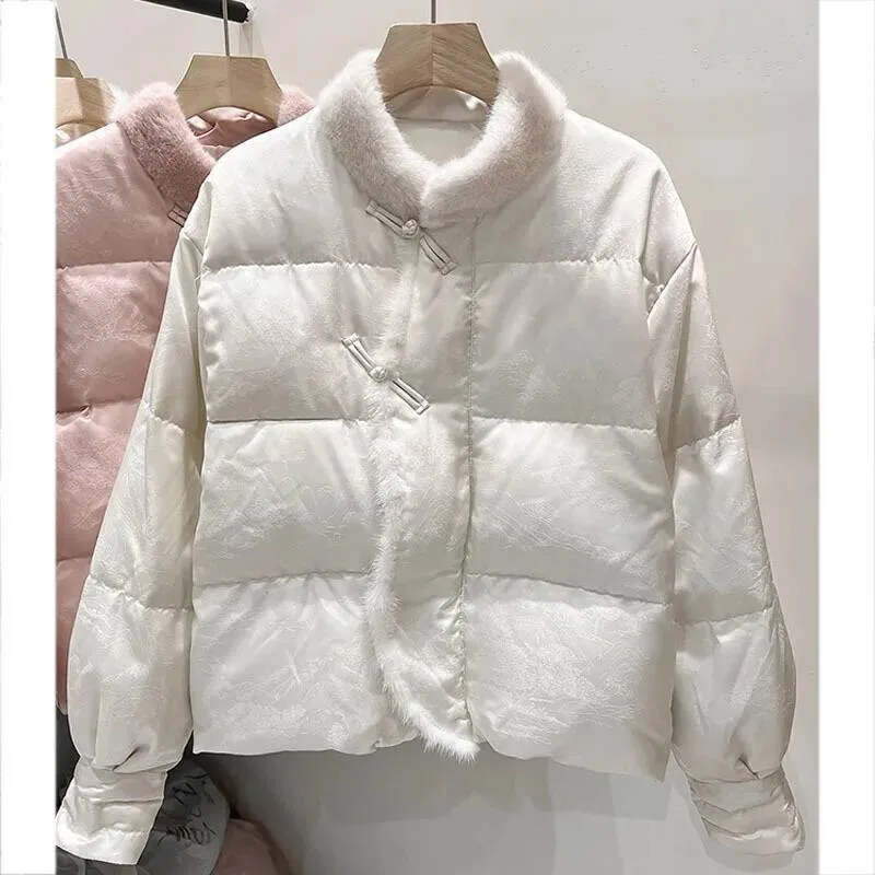 Katoenen winterjas voor dames, kort, pure kleur, opstaande kraag, patchwork, bloemenborduurwerk, dichtgeknoopt, verdikte normale mouw