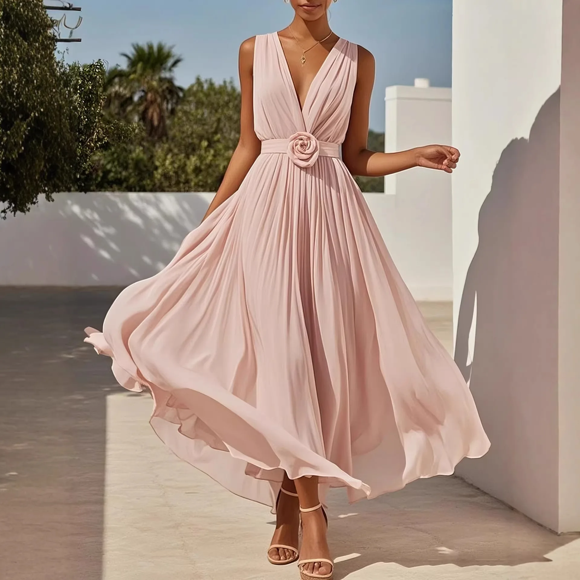 Modisches Einfarbiges Chiffon Maxikleid V-Ausschnitt Ärmellos Blumen-Taille Plissiert Fließendes Formelles Abendkleid Brautjungfernkleid Hochzeitsgast-Kleid